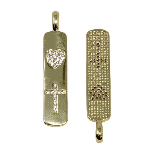 Gold Plated Micro Pave 8x42mm Heart Cross Bar Pendant
