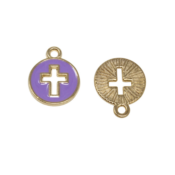 Gold Plated Enamel 11mm Purple Cross Charm