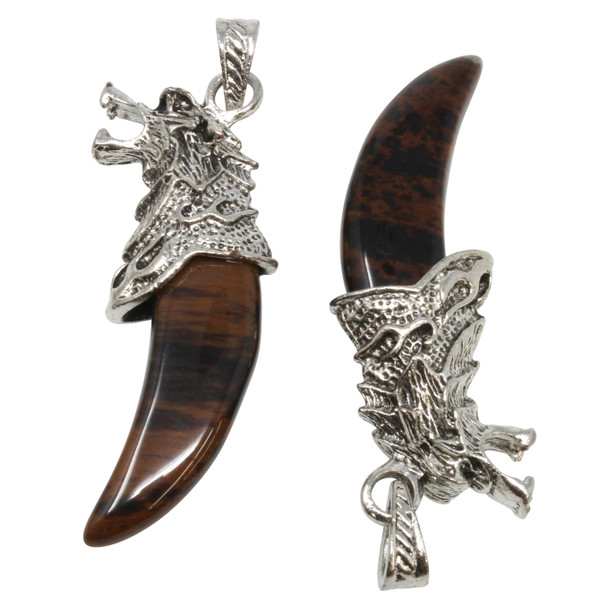 Natural Mahogany Obsidian Polished Silver Plated 17x52mm Wolf Head Pendant