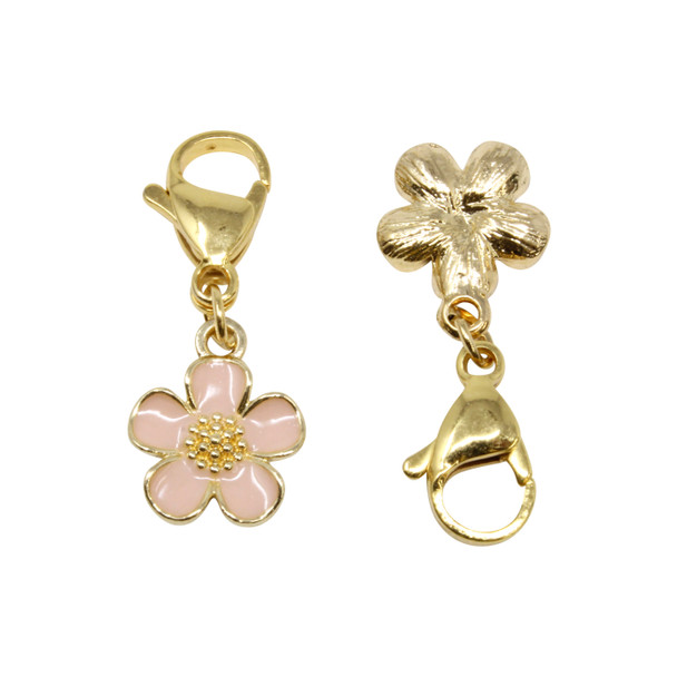 Gold Plated Enamel 13x31mm Pink Flower Charm & Clasp
