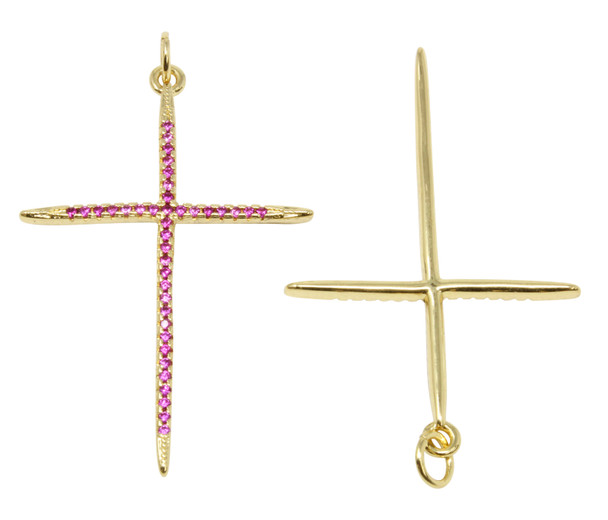 Gold Plated Micro Pave 39x27mm Pink Cross Pendant