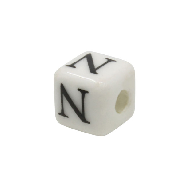 Ceramic 8mm Cube White and Black Alphabet Bead - N