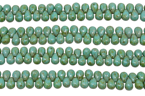 Czech Glass 6x4mm Tear Drops -- Opaque Turquoise Picasso