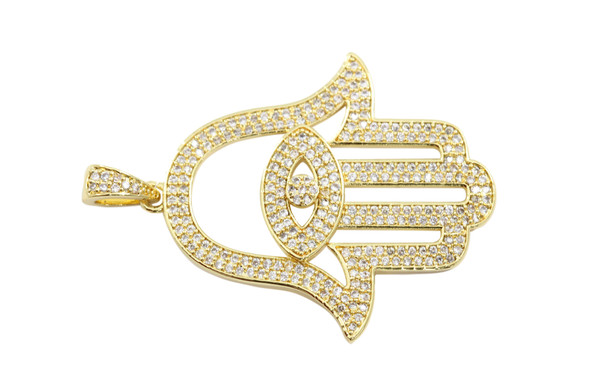 Gold Plated Micro Pave 34x41mm Large Hamsa Hand Pendant