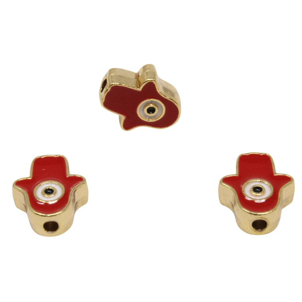 Gold Plated 15x13mm Hamsa Eye Bead with Red Enamel - Sold Individually