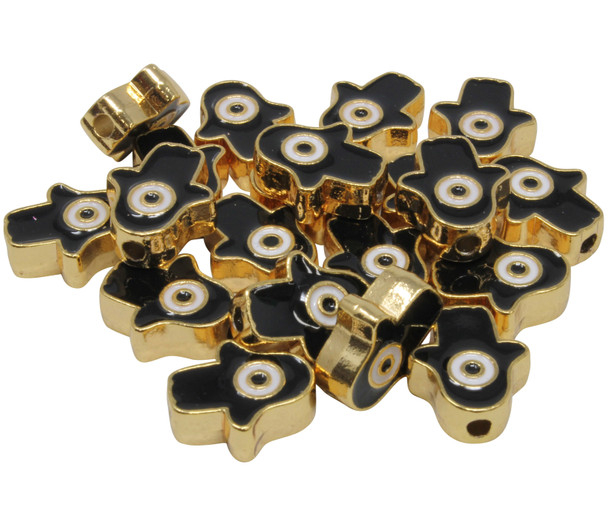 Gold Plated 15x13mm Hamsa Eye Bead with Black Enamel - Sold Individually