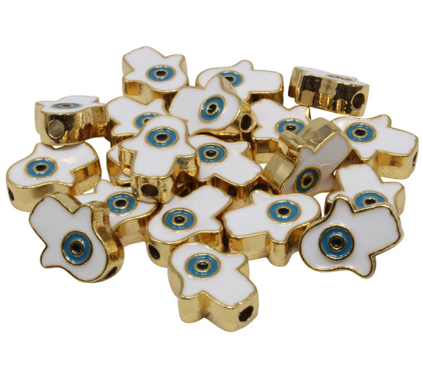 Gold Plated 15x13mm Hamsa Eye Bead with White Enamel - Sold Individually