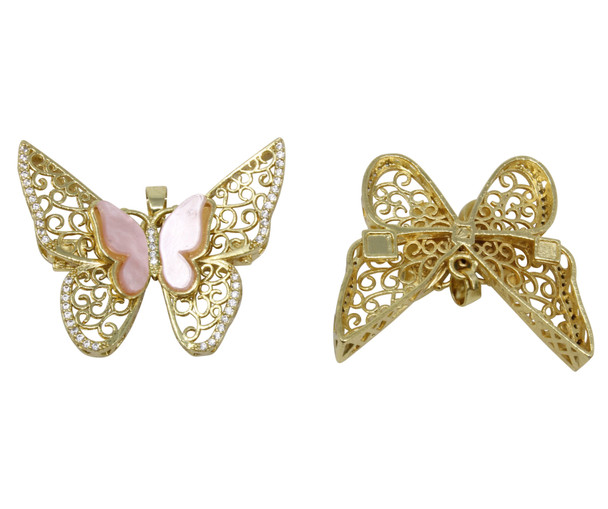 Gold Plated Micro Pave Resin 34x44mm Pink Butterfly Pendant