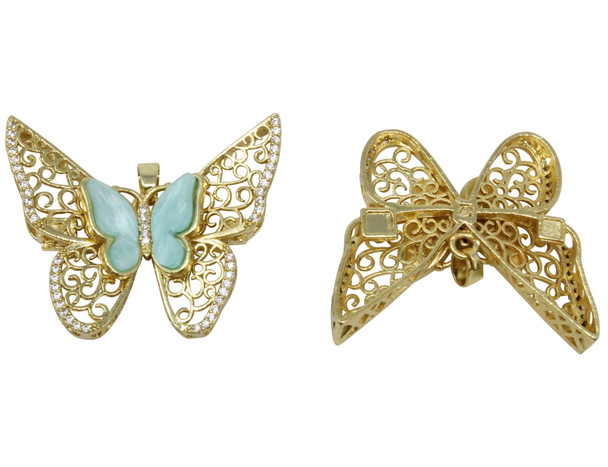 Gold Plated Micro Pave Resin 34x44mm Blue Butterfly Pendant