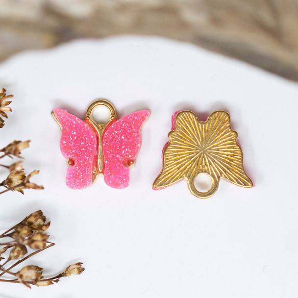 Gold Plated Resin 12mm Glitter Bright Pink Butterfly Charm