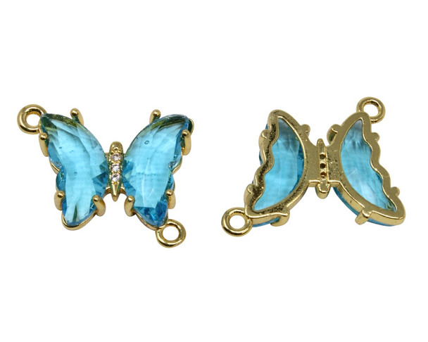 Gold Plated Glass 15x19mm Blue Butterfly Connector