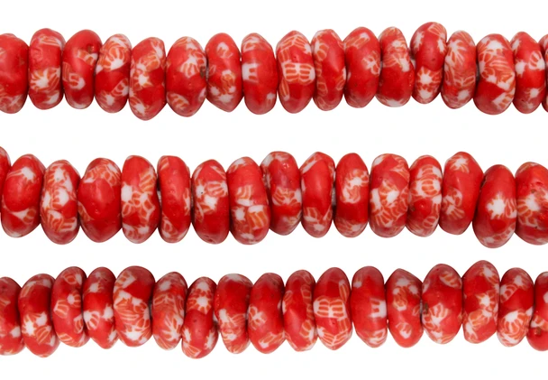 Fused Recycled Glass 14mm Rondelle - Red and White