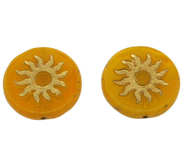 Czech Glass 22mm Sun Coin - Matte Dandelion Yellow with a Gold Wash