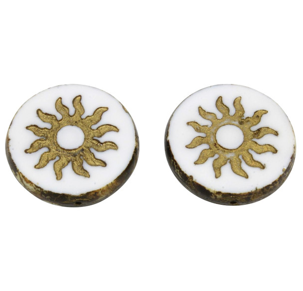 Czech Glass 22mm Sun Coin - White Picasso Finish with a Bronze Wash
