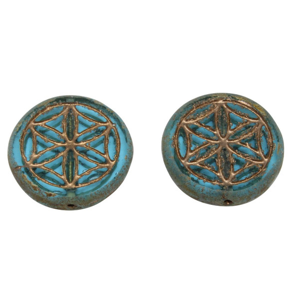 Czech Glass 18mm Flower of Life Coin - Sky Blue with a Picasso Finish and Bronze Wash
