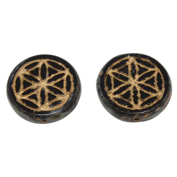 Czech Glass 18mm Flower of Life Coin - Black Picasso Finish with a Gold Wash