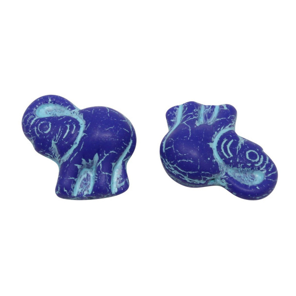 Czech Glass Elephant - Matte Cobalt with Turquoise Wash