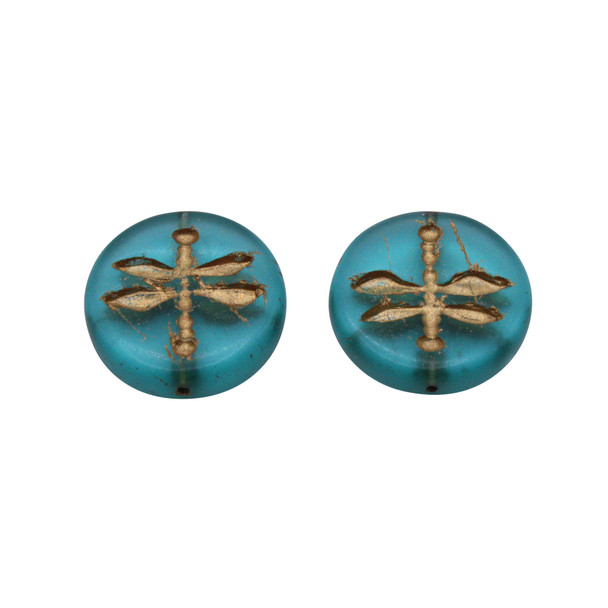 Czech Glass 18mm Dragonfly Coin - Aqua Blue Transparent Matte with Gold Wash