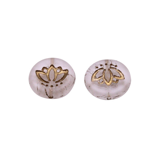 Czech Glass 14mm Lotus Coin - Crystal Transparent Frosted with Gold Wash
