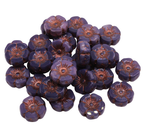 Czech Glass 12mm Hibiscus Flower Bead - Purple Opaline with Dark Bronze Wash