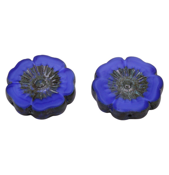 Czech Glass 22mm Hibiscus Flower Bead - Royal Blue Silk with Picasso Finish