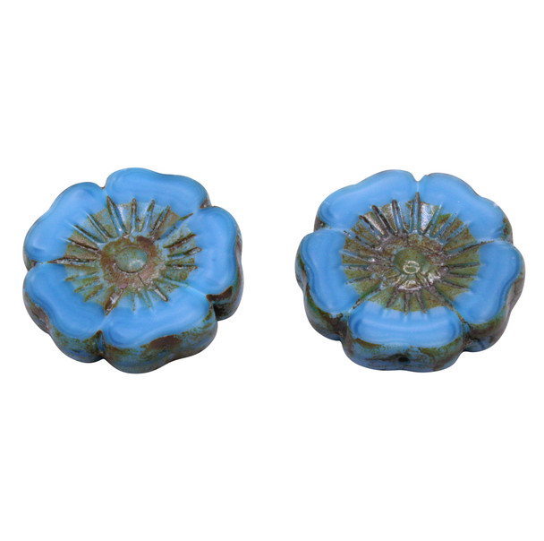 Czech Glass 22mm Hibiscus Flower Bead - Blue Silk with Picasso Finish