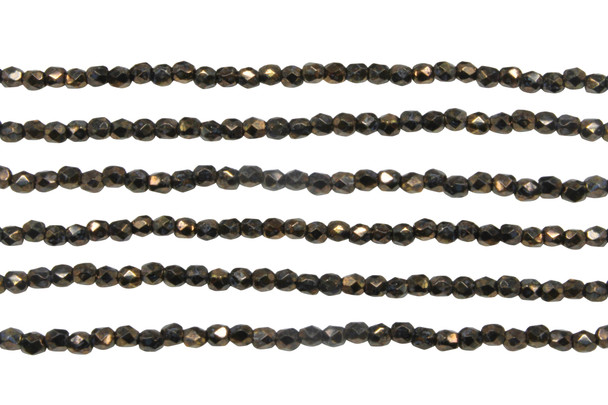 Fire Polish 2mm Faceted Round - Jet Bronze Picasso