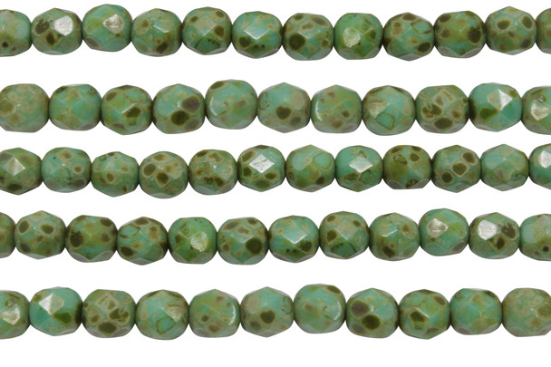 Fire Polish 6mm Faceted Round - Teal Green Picasso