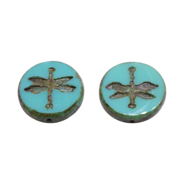 Czech Glass 18mm Dragonfly Coin - Opaque Turquoise with Picasso Finish