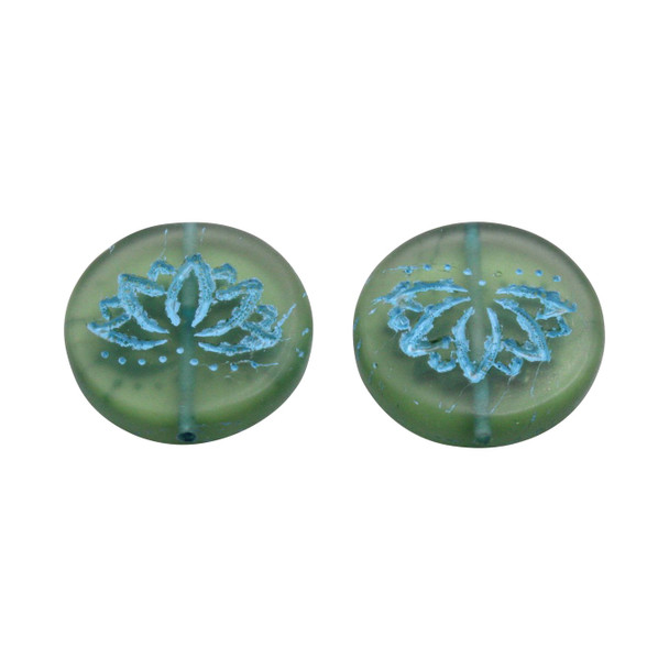 Czech Glass 18mm Lotus Coin - Tourmaline Green Transparent Matte with Turquoise Wash with