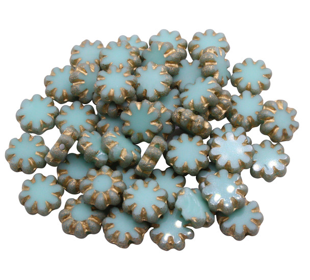 Czech Glass 9mm Cactus Flower - Sea Green with Etched and Gold Finishes - Sold Individually