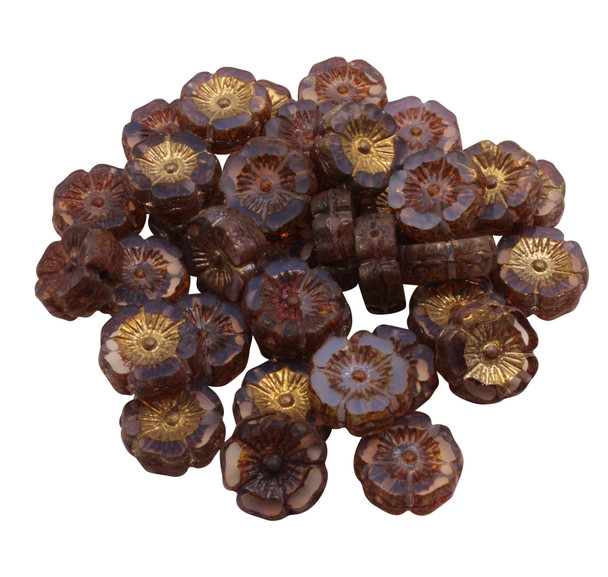 Czech Glass 12mm Hibiscus Flower Bead - Pale Brown with Etched, Bronze and Gold Finishes