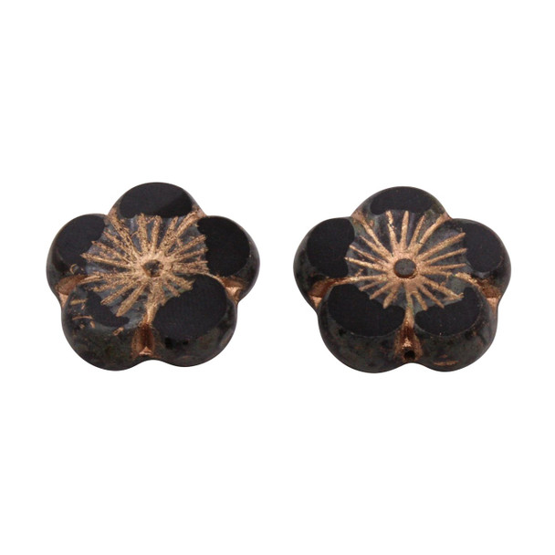 Czech Glass 21mm Hibiscus Flower Bead - Black with a Gold Wash and a Picasso Finish