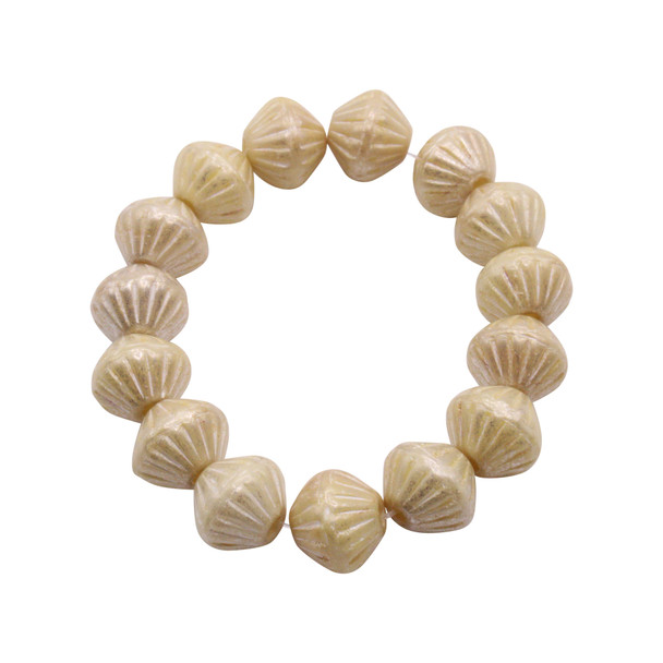 Czech Glass 9mm Tribal Bicone Beads - Yellow Ivory with an Antique Silver Finish