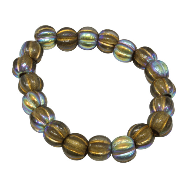Czech Glass 8mm Large Hole Melon Beads - Gold with AB Finish and Gold Wash