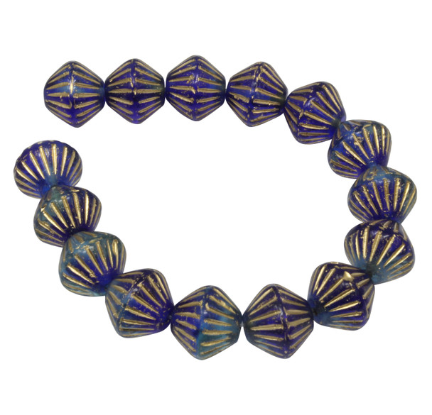 Czech Glass 11mm Tribal Bicone Beads - Sapphire and Sky Blue with a Gold Wash