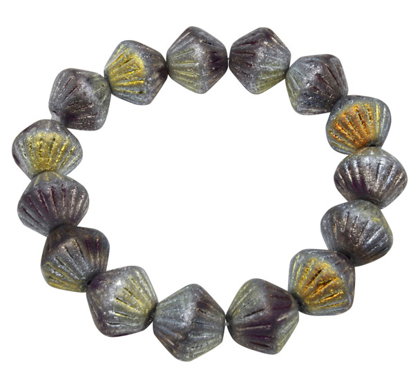 Czech Glass 11mm Tribal Bicone Beads - Purple Pansy with Etched, Gold, and Silver Finishes