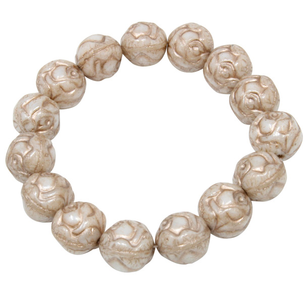 Czech Glass 10mm Round Rose Beads - White Luster Finish with Metallic Beige Wash