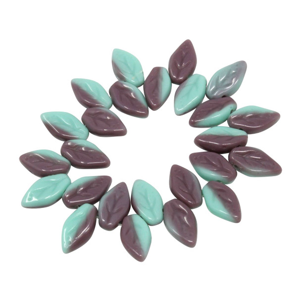 Czech Glass 10x6mm Small Leaf Beads - Mint Purple Mix Opaque