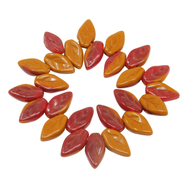 Czech Glass 10x6mm Small Leaf Beads - Mustard Red Mix Opaque