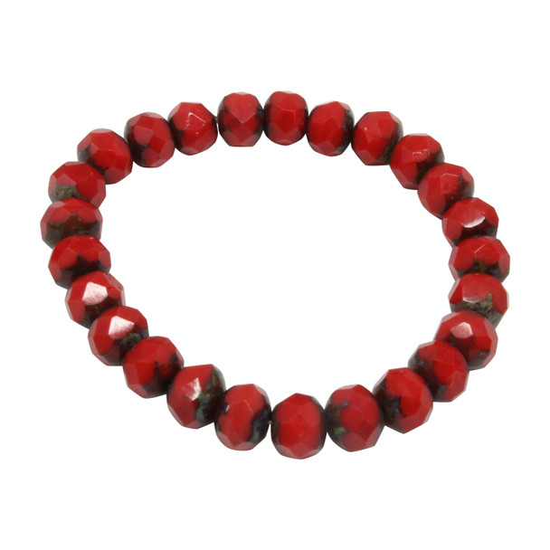 Czech Glass 7x5mm Faceted Rondelle Beads - Opaque Red with Picasso