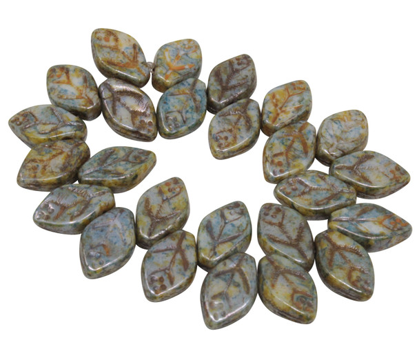 Czech Glass 12x8mm Medium Leaf Beads - Opaque Greenstone
