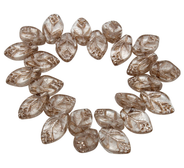 Czech Glass 12x8mm Medium Leaf Beads - Crystal Transparent with Antiqued Platinum Wash