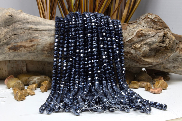 Glass Crystal Polished 8x6mm Faceted Rondelle - Black Grey