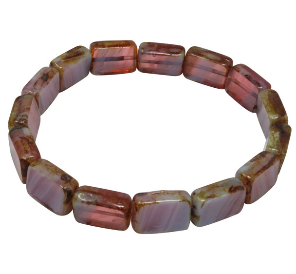 Czech Glass 12x8mm Rectangle Beads - Pink Purple Mix Opaline Transparent with Picasso