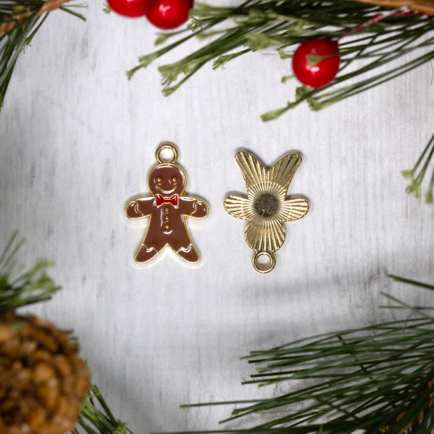 Gold Plated Enamel 9x20mm Brown Gingerbread Man Charm