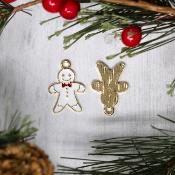 Gold Plated Enamel 9x20mm White Gingerbread Man Charm
