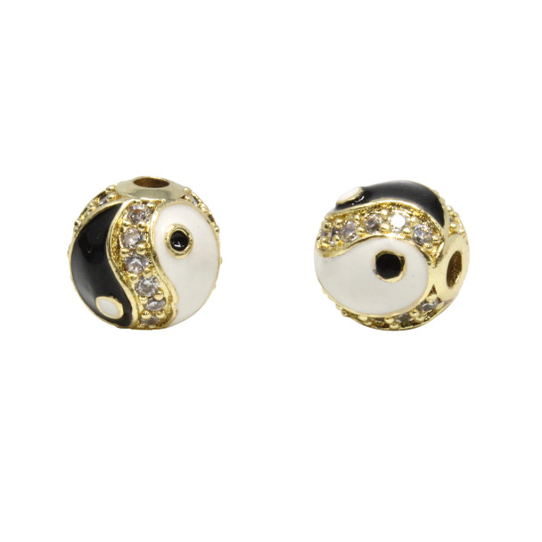 Gold Plated Micro Pave 10mm Enamel Ying-Yang Bead