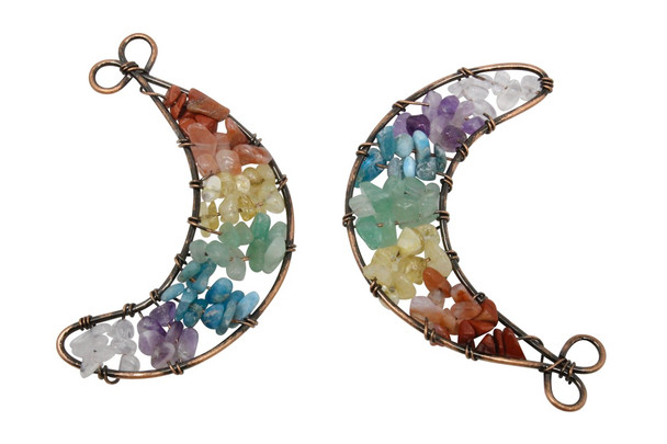 Mixed Gemstone Polished 20x63mm Moon Chakra Chips Pendant