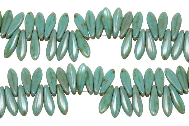 Czech Glass 16x5mm Dagger Beads -- Opaque Turquoise Picasso